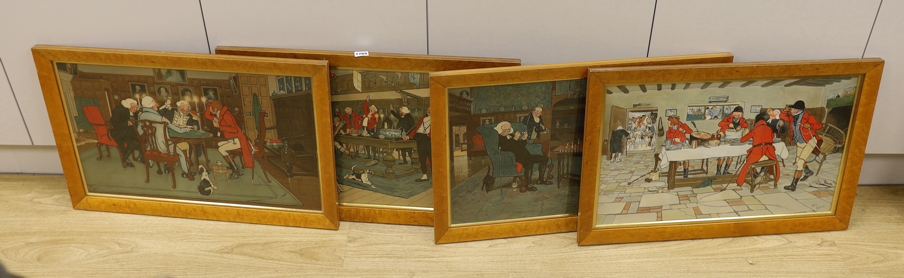 Cecil Aldin, set of four chromolithographs, Revellers, Huntsmen and Card Players, signed in the plate and dated 1900, 37 x 60cm